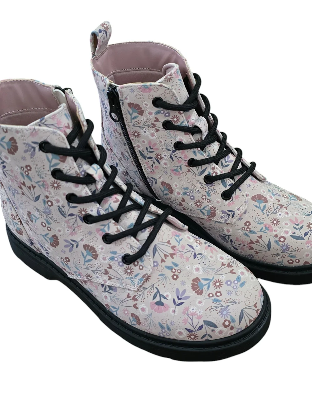 Art Class Girls Floral Combat Boots Size 5 NWT Pink Lace-Up Side Zip Boots